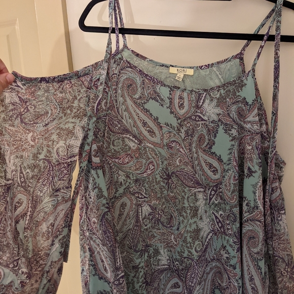 KORI Paisley Green and Purple Boho Cold Shoulder with Ties Top Size Large - Picture 4 of 11